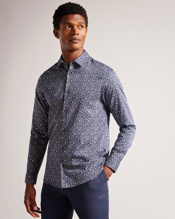 Chemises Ted Baker Long Sleeve Spot Print Bleu Marine Homme | MEP-99693972